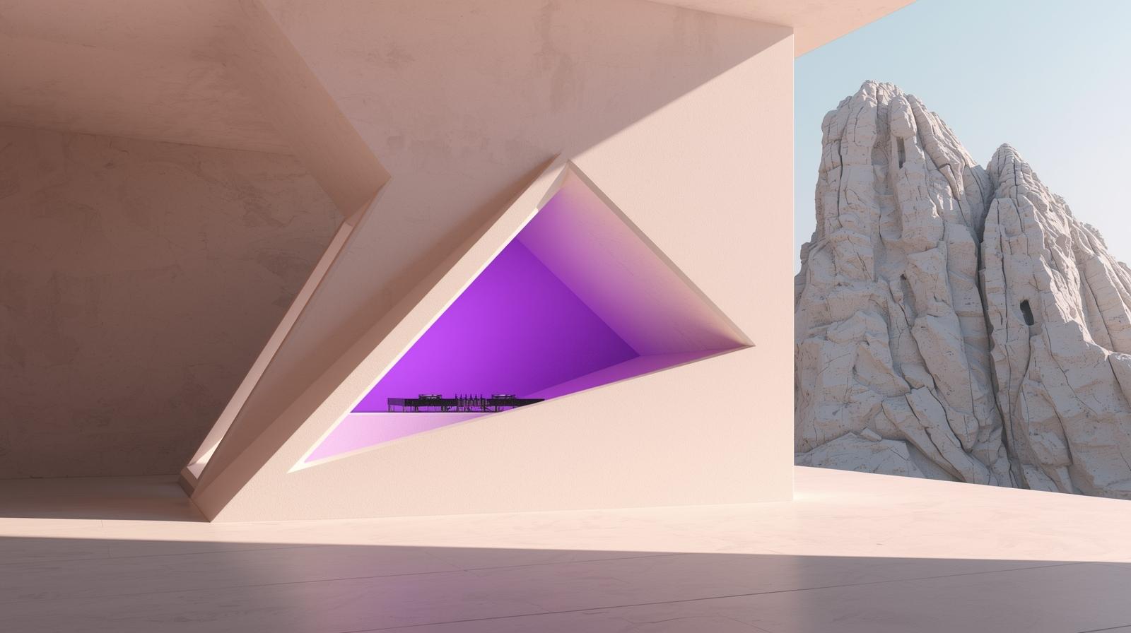 A minimalist and clean photography style, minimalist composition, ample negative space, soft, muted tones, uncluttered scene, with a focus on form and purple light. A vibrant and dynamic cinematic